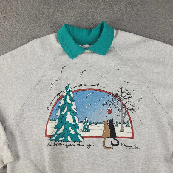 Vintage Cat Winter Sweatshirt Womens 1X Gray Collared Snowy Scenery Made USA 90s - Picture 4 of 13